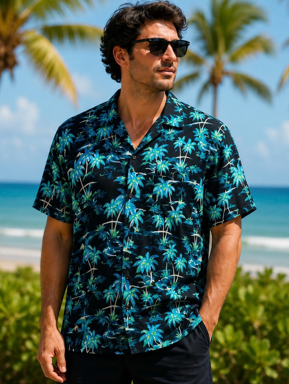 KS Island Hawaiian Shirt Mens 6XL Big Tall Rayon Black Blue Palm Camp‎ Aloha